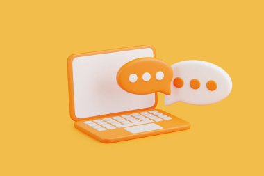 Çevrimiçi sohbet, mesajlaşma ve dijital iletişimi temsil eden iki konuşma baloncuklu turuncu laptop. 3 Boyutlu resimleme