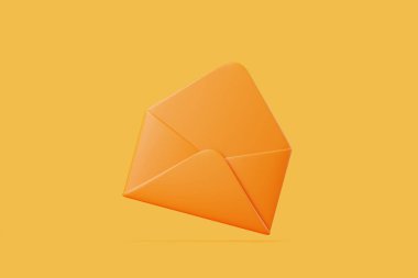 Sarı arka planda kapalı turuncu zarf, e-postayı, iletişimi ya da mesajlaşmayı simgeliyor. 3 Boyutlu resimleme