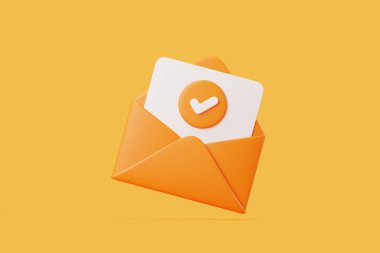 Üzerinde işaret simgesi olan, tamamlamayı ya da doğrulamayı simgeleyen beyaz bir kart içeren turuncu zarf. 3 Boyutlu resimleme