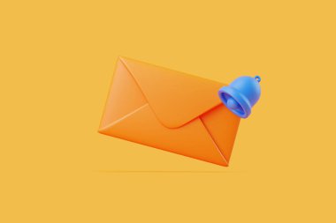 Sarı arka planda mavi uyarı zili olan turuncu zarf, e-posta uyarılarını ya da uyarıları simgeliyor. 3 Boyutlu resimleme