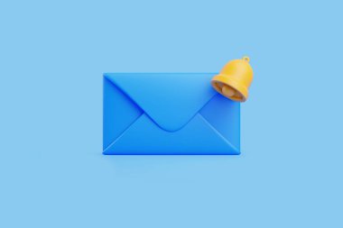 Mavi zemin üzerinde sarı uyarı çanı simgesi olan kapalı mavi zarf, bir uyarı, hatırlatma veya dijital posta ile yeni mesaj bildirimini simgeliyor. 3 Boyutlu resimleme