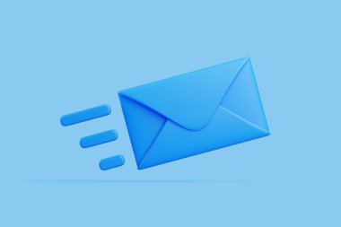 Hareket çizgileri olan mavi zarf, hızlı e-posta, mesaj ya da dijital iletişimde posta iletimini simgeliyor. 3 Boyutlu resimleme