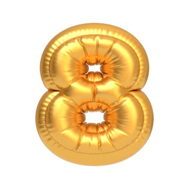 Parlak altın rengi balon sekiz numara şeklinde, beyaz arka planda izole edilmiş, kutlamalar ve kilometre taşları için ideal. 3 Boyutlu resimleme
