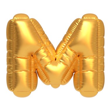M harfi şeklinde altın bir balon, beyaz arka planda izole edilmiş, kutlama ve dekoratif amaçlar için mükemmel. 3 Boyutlu resimleme