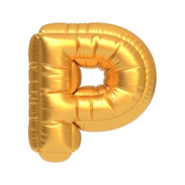 Shiny gold foil balloon in the shape of the letter P, isolated on a white background, ideal for celebrations and decor. 3D render illustration clipart