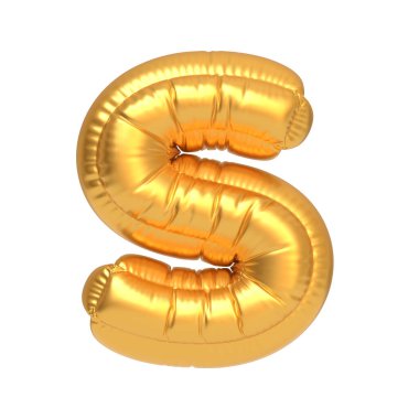 Beyaz arka planda S harfi şeklinde altın folyo balon partiler, etkinlikler ve şenlik dekorları için mükemmel. 3 Boyutlu resimleme
