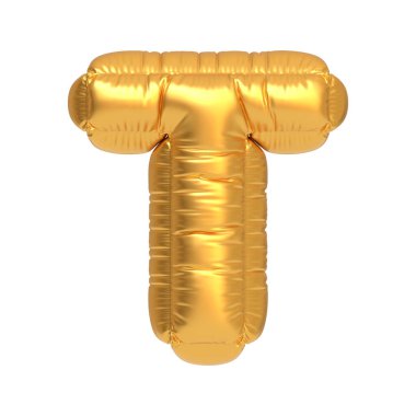 Beyaz arka planda T harfi şeklinde parlak altın bir balon. Parti dekorasyonu, etkinlikleri ya da kutlama tasarımları için mükemmel. 3 Boyutlu resimleme