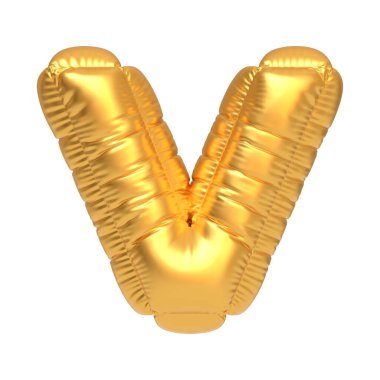 V harfi şeklinde parlak altın bir balon, beyaz arka planda izole edilmiş, parti dekorasyonu ve tipografi projeleri için mükemmel. 3 Boyutlu resimleme