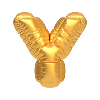 Y harfi şeklinde altın şişirilebilir balon. Kutlamalar, parti dekorasyonu ve şenlikli alfabe dekorasyonları için mükemmel. 3 Boyutlu resimleme