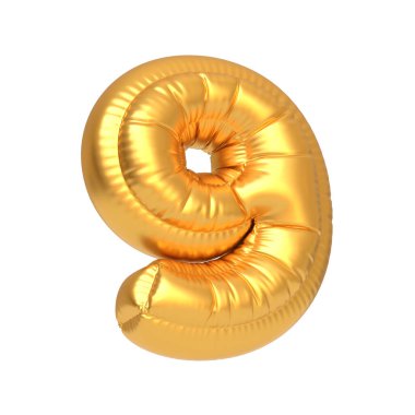 Dokuz numaralı balon şeklindeki parlak altın renkli balon, beyaz bir arka planda izole edilmiş, kutlama için mükemmel. 3 Boyutlu resimleme
