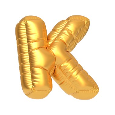 Gold balloon shaped like the letter K, set against a white background, perfect for celebrations, parties, or decorative displays. 3D render illustration clipart