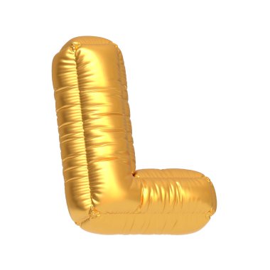 L harfi şeklinde altın bir balon, beyaz bir arka planda izole edilmiş, festival olayları ve dekorasyonlar için ideal. 3 Boyutlu resimleme