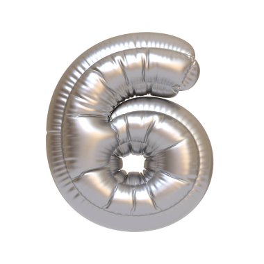 Metalik gümüş folyo balon beyaz arka planda 6 numara şeklinde, doğum günleri, yıldönümleri ve olaylar için ideal. 3 Boyutlu resimleme