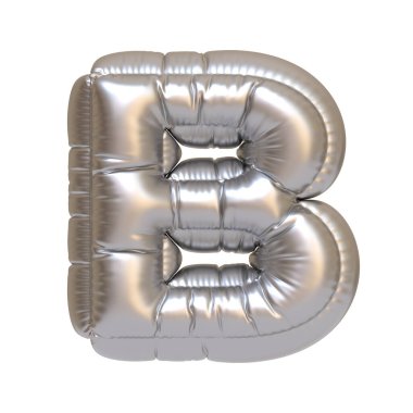 B harfi şeklinde metalik gümüş balon, beyaz arka planda izole edilmiş, partiler, etkinlikler ve şenlikli dekorasyonlar için ideal. 3 Boyutlu resimleme