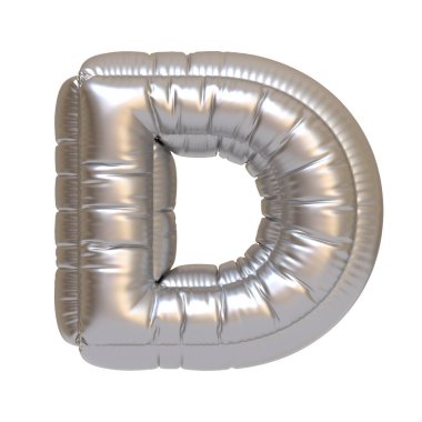 Glossy silver balloon shaped as the letter D, perfect for party decorations, events, or metallic-themed alphabet displays. 3D render illustration clipart