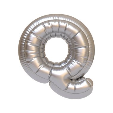 Q harfi şeklinde parlak gümüş folyo balon, beyaz bir arka planda izole edilmiş, kutlama ve dekoratif kullanım için ideal. 3 Boyutlu resimleme