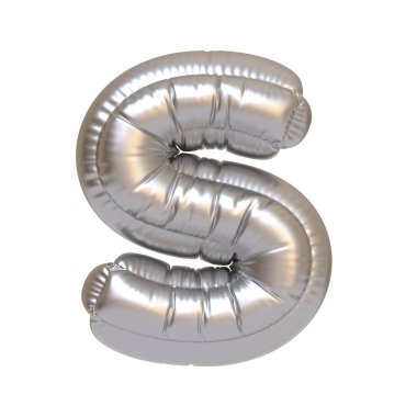 S harfi şeklinde metalik gümüş folyo balon, beyaz üzerine izole edilmiş, parti dekorasyonları, etkinlikler ve şenlik temaları için ideal. 3 Boyutlu resimleme