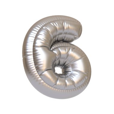 Metalik gümüş folyo balon beyaz arka planda 6 numara şeklinde, doğum günleri, yıldönümleri ve olaylar için ideal. 3 Boyutlu resimleme