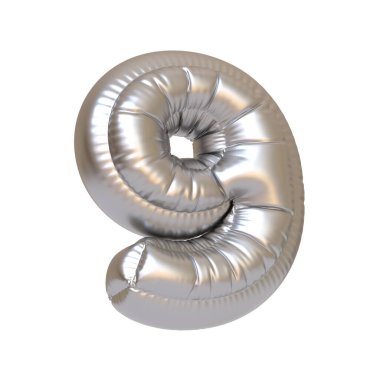 Metalik gümüş balon, 9 numara şeklinde, beyaz arka planda izole edilmiş, kutlama etkinlikleri, doğum günleri ve parti dekoru için ideal. 3 Boyutlu resimleme