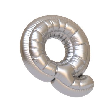 Q harfi şeklinde parlak gümüş folyo balon, beyaz bir arka planda izole edilmiş, kutlama ve dekoratif kullanım için ideal. 3 Boyutlu resimleme
