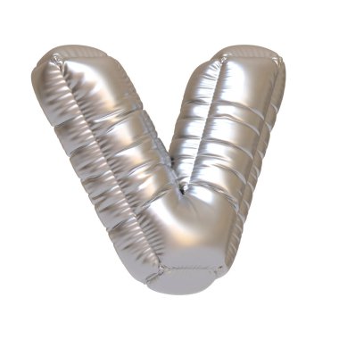 V harfi şeklinde metalik gümüş balon, beyaz arka planda izole edilmiş, partiler, tipografi ve şenlik dekorasyonu için mükemmel. 3 Boyutlu resimleme