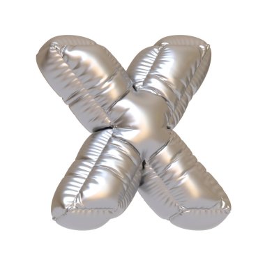 Glossy silver balloon shaped as the letter X, perfect for party decorations, celebrations, or metallic-themed displays and events. 3D render illustration clipart