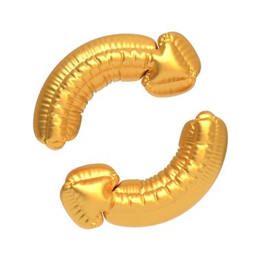 Altın folyo balonu dairesel oklar şeklinde tasarlanmış, beyazda izole edilmiş, geri dönüşüm, ilerleme ve yenilenme temaları için ideal bir döngü. 3 Boyutlu resimleme