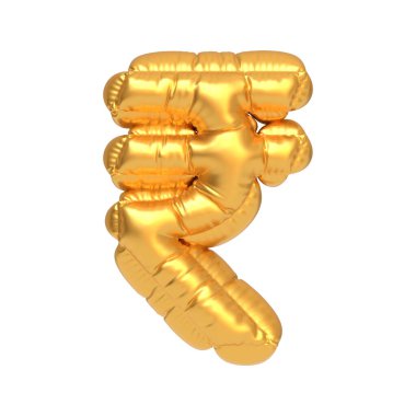 Hindistan Rupisi sembolü şeklinde parlak altın folyo balonu, beyaz arka planda izole edilmiş, finans veya para birimi teması için ideal. 3 Boyutlu resimleme