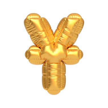 Yuan para birimi sembolü şeklinde parlak altın folyo balonu, finans teması, parti dekorasyonu veya ekonomik grafikler için ideal. 3 Boyutlu resimleme