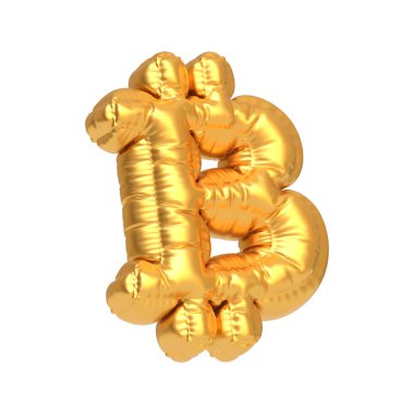 Bitcoin sembolü şeklinde parlak altın bir balon, beyaz arka planda izole edilmiş, şifreli para birimi temalı partiler ve tasarımlar için ideal. 3 Boyutlu resimleme