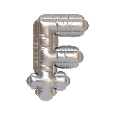 Metallic silver foil balloon in the shape of the letter F, perfect for parties, events, or personalized decorations. 3D render illustration clipart