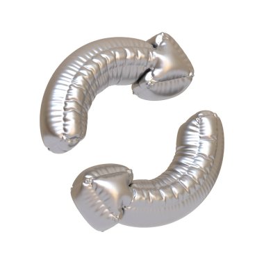 Dairesel yenileme ya da yeniden yükleme sembolü şeklinde metalik gümüş balon, beyaza izole edilmiş, teknoloji ya da sürdürülebilirlik teması için ideal. 3 Boyutlu resimleme