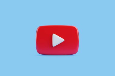 Beyaz üçgenli kırmızı çalma düğmesi simgesi, modern görseller için en düşük mavi arkaplan ile ayarlandı. 3 Boyutlu resimleme