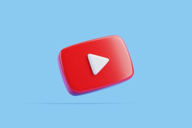 Beyaz üçgenli kırmızı oynatma düğmesi simgesi, parlak, minimalist bir mavi arkaplanda yüzüyor gibi görünüyor. 3 Boyutlu resimleme