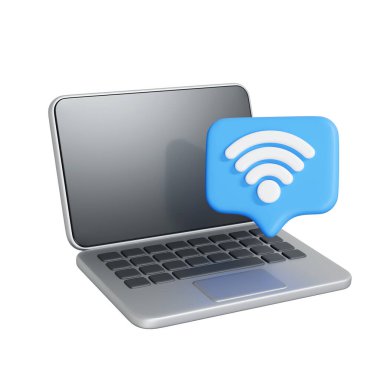Mavi kablosuz bağlantıyı, internet erişimini ve beyaz arka planda dijital iletişimi sembolize eden mavi bir Wi-Fi sinyal ikonuna sahip modern bir laptop. 3 Boyutlu resimleme