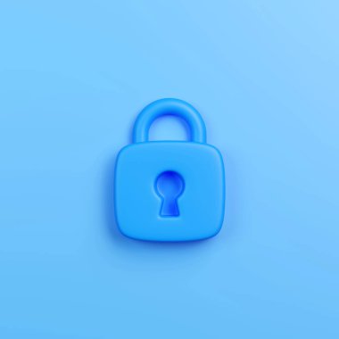 Mavi asma kilit simgesi, güvenliği, gizliliği ya da korumayı simgeliyor. Açık mavi eğimli arka plana ayarlı. 3 Boyutlu resimleme