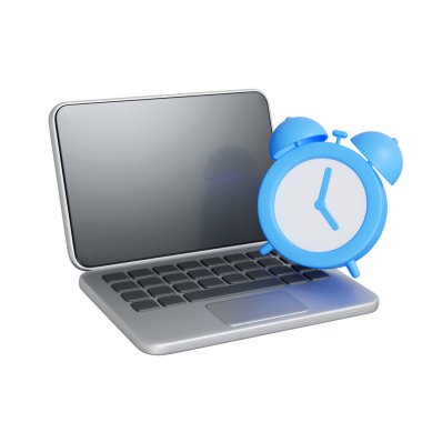 Parlak mavi alarmlı modern bir dizüstü bilgisayar, zaman yönetimini, verimliliği, teslim tarihlerini ve dijital dünyada verimli çalışmayı sembolize ediyor. 3 Boyutlu resimleme