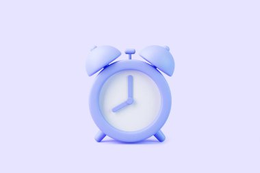 Açık mor arka planda, klasik ikiz zilli, mavi alarmlı bir saatin 3 boyutlu canlandırması