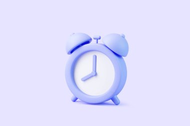 Yumuşak mor arka planda ikiz zilli mavi alarm saatinin üç boyutlu görüntüsü, açılı görünüm
