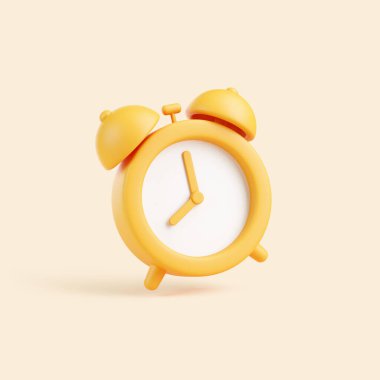 Açık bej arkaplanda yüzen 3 boyutlu sarı alarm saati, yumuşak gölgeler ve temiz tasarım ile minimum çizgi film tarzı