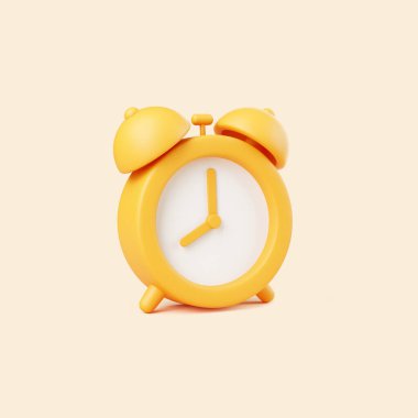 Hafif arka planda zilleri olan sevimli bir sarı üç boyutlu alarm saatinin yan görünüşü, minimalist çizgi film tarzı canlandırma