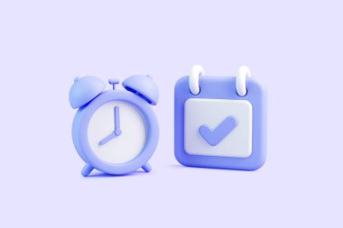 3D mor alarm saati ve takvim. Pastel arka planda işaretli. Planlama ve organizasyonun sembolü.