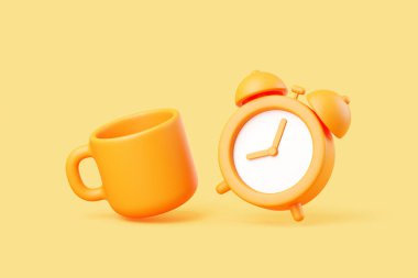 Sarı zemin üzerinde turuncu alarm saati ve kahve fincanı sabah saatini ve enerjiyi sembolize ediyor.