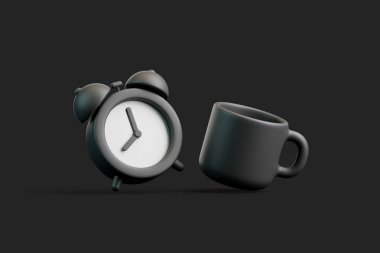 Siyah arkaplanda 3 boyutlu çalar saat ve kahve fincanı, minimal stil