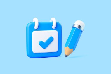 Beyaz işaretli bir mavi takvimin 3 boyutlu çizimi ve açık mavi arkaplanda silgisi olan mavi bir kalem.