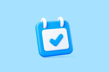 Açık mavi arkaplanda işaretli en az mavi takvim simgesi, planlama veya tamamlanmış görevi temsil eden 3D render