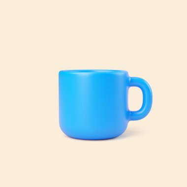 Minimalist mavi 3D kahve kupası bej arka planda izole edilmiş, ofis veya mutfak kullanımı için temiz ve modern tasarım