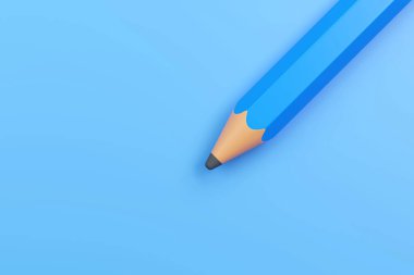 Parlak mavi arkaplanda mavi kalem ucu yakın plan çizimi, pürüzsüz gölgeleme ve yumuşak gölgelerle en az üç boyutlu oluşturma