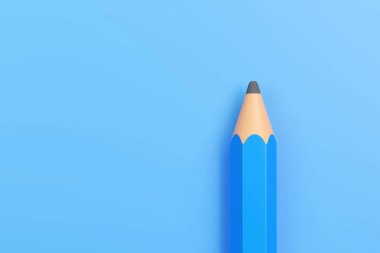 Keskinleştirilmiş mavi bir kalemin minimalist görüntüsü koyu mavi bir zemin üzerinde ve sol tarafında kopya alanı var.