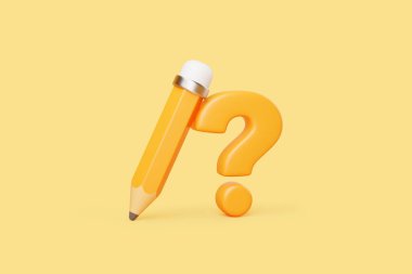 Sarı zemin üzerinde soru işareti simgesi olan en az üç boyutlu kalem, soru, yardım veya fikir kavramı